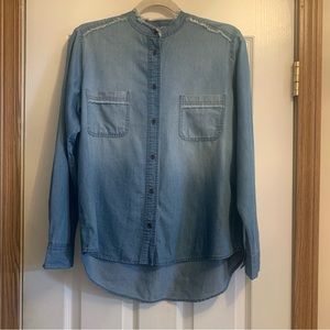Light wash distressed button up long sleeve shirt